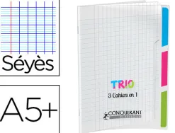Cahier agrafé conquérant trio 3en1 polypropylène a5+ 17x22cm 96 pages séyès 90g