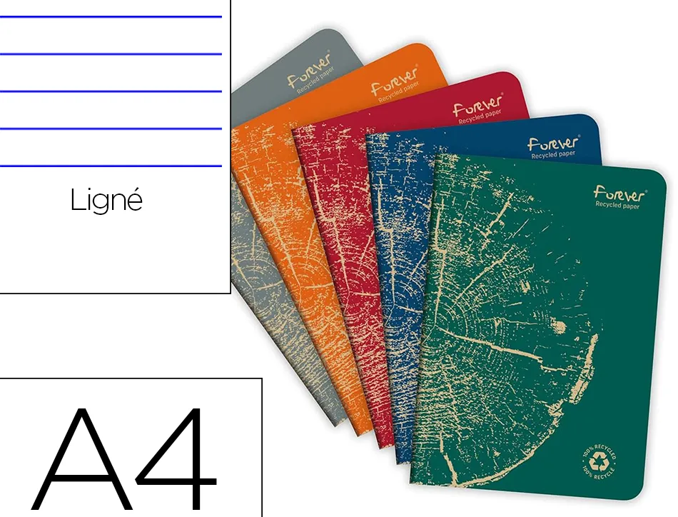 Cahier clairefontaine forever premium a4 90g recycle 96 pages ligne coloris assortis