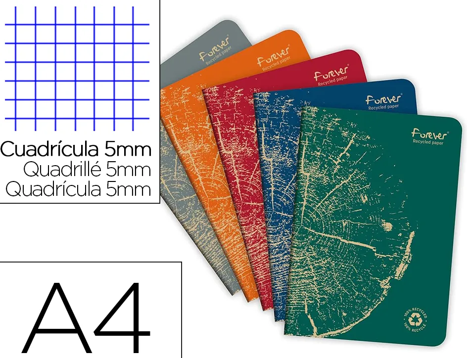 Cahier clairefontaine forever premium a4 90g recycle 96 pages 5x5 coloris assortis