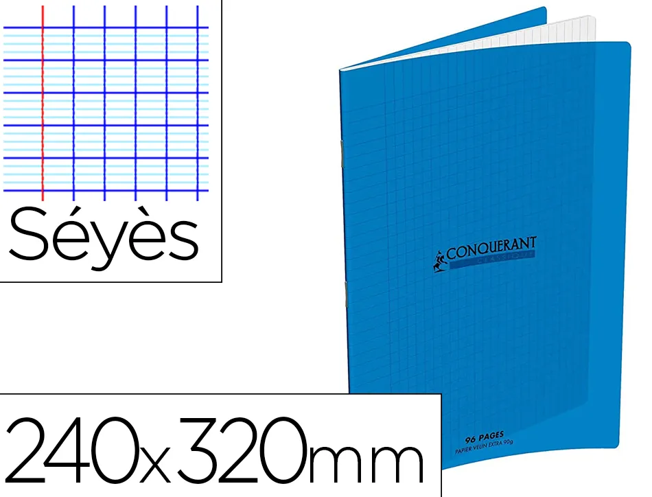 Cahier conquerant classique agrafe 240x320mm 96 pages seyes 90g couverture carte recyclee coloris bleu