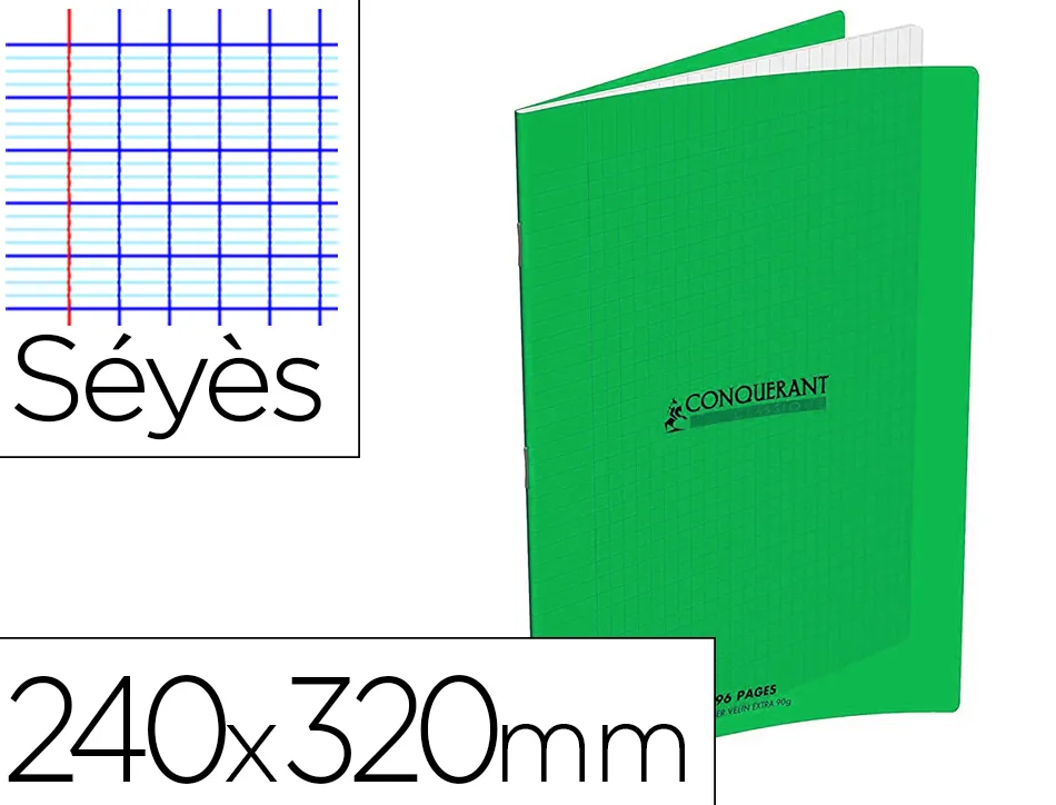 Cahier conquerant classique agrafe 240x320mm 96 pages seyes 90g couverture carte recyclee coloris vert