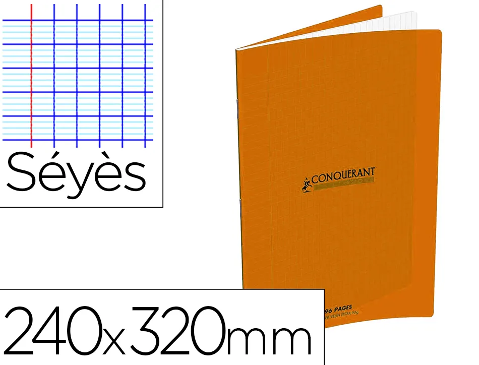 Cahier conquerant classique agrafe 240x320mm 96 pages seyes 90g couverture carte recyclee coloris orange