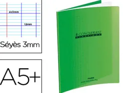 Cahier d'écriture conquérant classique couverture polypropylène rigide a5+ 17x22cm 32 pages 90g séyès 3mm coloris vert