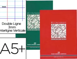 Cahier d'écriture piqué conquérant classique couverture vernie carte couchée a5+ 17x22cm 32 pages 90g 3 interlignes 10mm