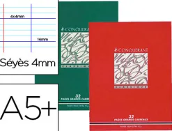 Cahier d'écriture piqué conquérant classique couverture vernie carte couchée a5+ 17x22cm 32 pages 90g séyès 4mm