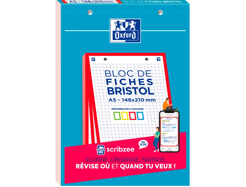 Cahier de fiches bristol 2.0 oxford a5 14,8x21cm 5x5mm couleur 30 unités
