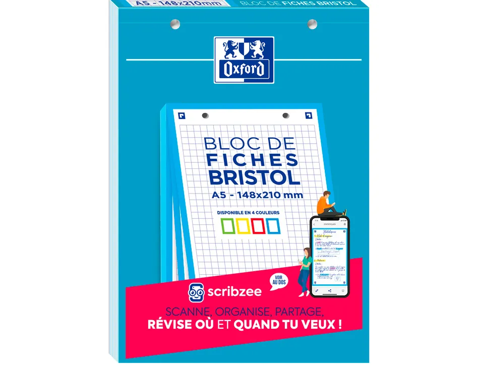 Cahier de fiches bristol 2.0 oxford a5 14,8x21cm 5x5mm couleur 30 unités