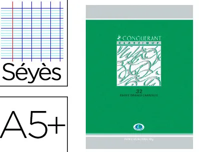 Cahier devoirs piqué conquérant classique couverture vernie carte couchée a5+ 17x22cm 48 pages 90g séyès