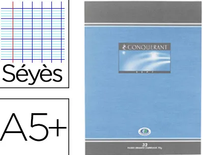 Cahier devoirs piqué conquérant sept couverture vernie carte couchée a5+ 17x22cm 32 pages 70g séyès