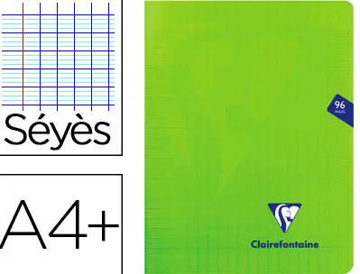Cahier piqué clairefontaine mimesys couverture polypropylène a4+ 24x32cm 96 pages 90g réglure séyès coloris vert