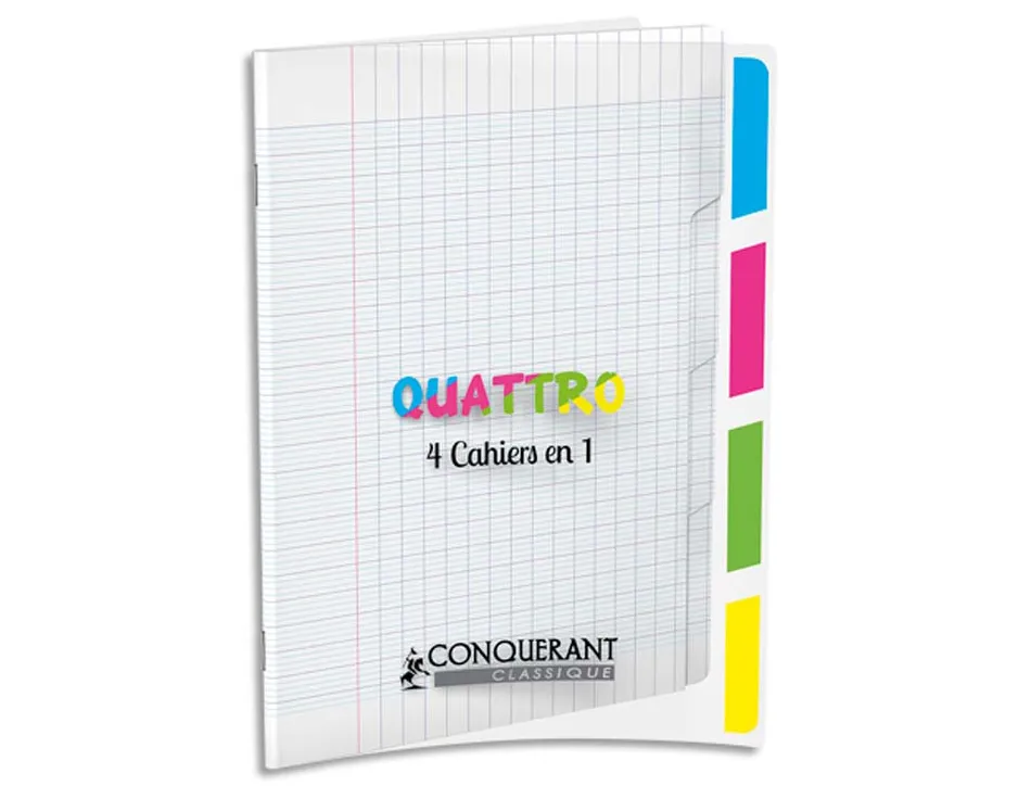 Cahier piqué conquérant classique 4en1 polypropylène 4 onglets a5+ 17x22cm 140 pages 90g séyès