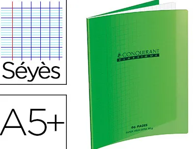 Cahier piqué conquérant classique couverture polypropylène rigide transparente a5+ 17x22cm 32 pages 90g séyès vert