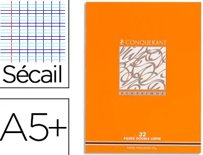 Cahier piqué conquérant classique couverture vernie carte couchée a5+ 17x22cm 32 pages 90g réglure sécail 2,5mm