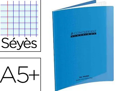 Cahier piqué conquérant classique couverture polypropylène rigide transparente a5+ 17x22cm 32 pages 90g séyès bleu