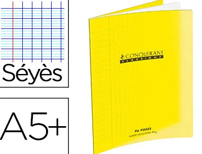 Cahier piqué conquérant classique couverture polypropylène rigide transparente a5+ 17x22m 60 pages 90g séyès jaune