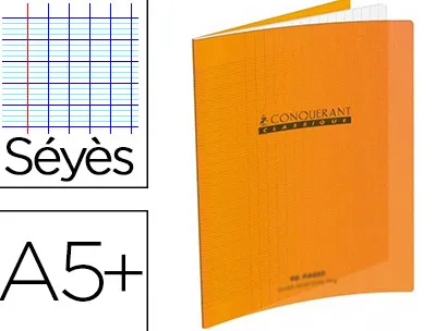 Cahier piqué conquérant classique couverture polypropylène rigide transparente a5+ 17x22cm 60 pages 90g séyès orange