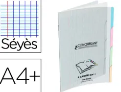 Cahier piqué conquérant classique 4en1 polypropylène 4 onglets a4+ 24x32cm 140 pages 90g séyès
