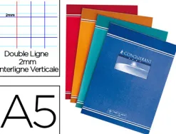 Cahier piqué conquérant écriture couverture offset a5+ 17x22cm 32 pages 70g double ligne 2mm interligne verticale