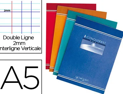Cahier piqué conquérant écriture couverture offset a5+ 17x22cm 32 pages 70g double ligne 2mm interligne verticale