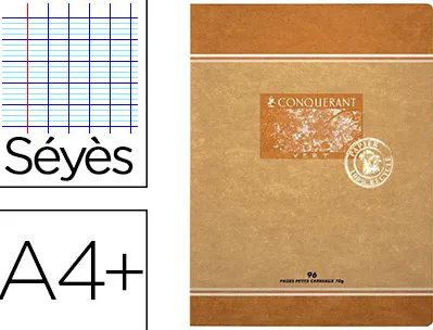Cahier piqué conquérant sept papier recyclé encre offset base végétale a4+ 24x32cm 96 pages 70g séyès