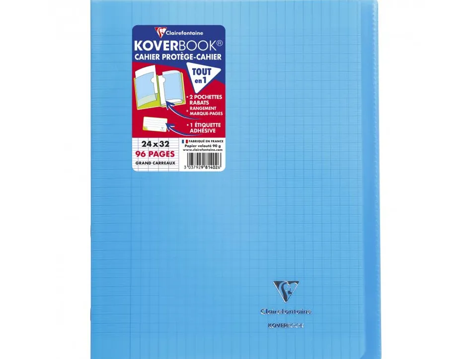Cahier pique clairefontaine koverbook couverture polypropylene 24x32cm 96 pages 90g seyes coloris bleu