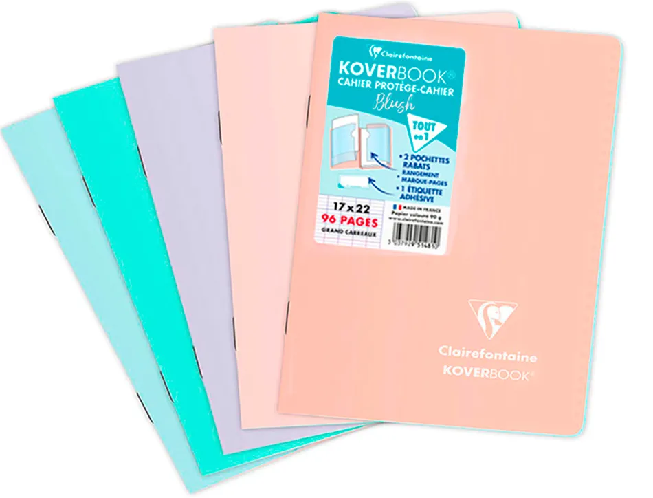 Cahier pique clairefontaine koverbook blush polypropylene 17x22cm 96 pages seyes coloris pastel assortis