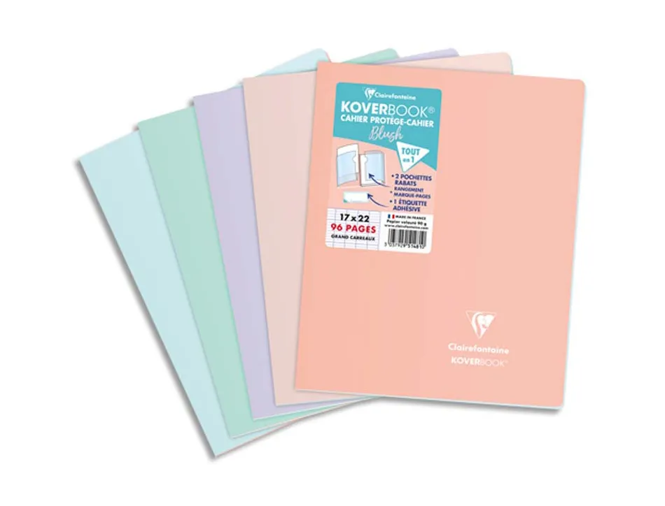 Cahier pique clairefontaine koverbook blush polypropylene 17x22cm 96 pages seyes coloris pastel assortis