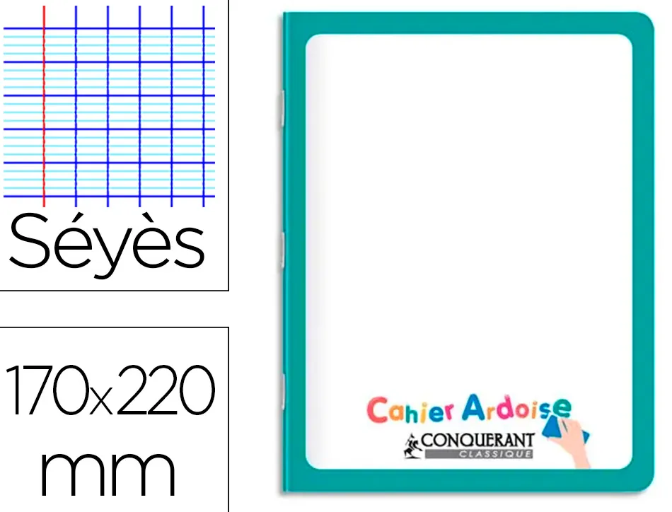 Cahier pique conquerant ardoise recto blanc verso grands carreaux couv carte pelliculee lavable 170x220mm 48p 90g