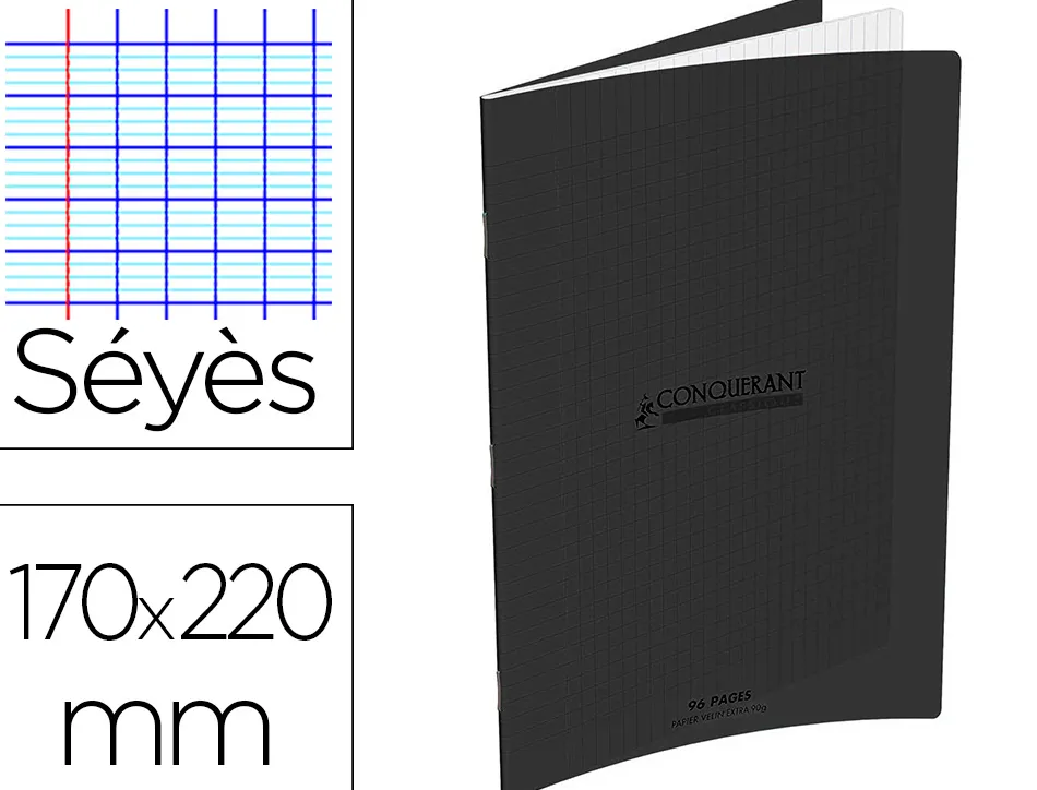 Cahier pique conquerant classique special deficient visuel polypro transparent 170x220mm 96p 90g s2,5mm noir