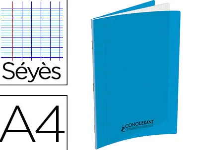 Cahier piqure conquerant couverture pp rigide transparente 21x29,7cm 48p seyes 90g coloris bleu