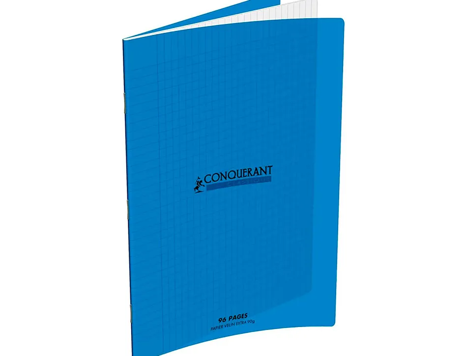 Cahier piqure conquerant couverture pp rigide transparente 21x29,7cm 48p seyes 90g coloris bleu