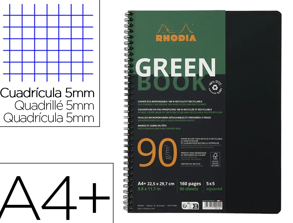 Cahier rhodiactive greenbook ri 5x5 couverture pp a4+ 23,5x29,8cm 90g 160 pages microperforees perf. 6 trous noir