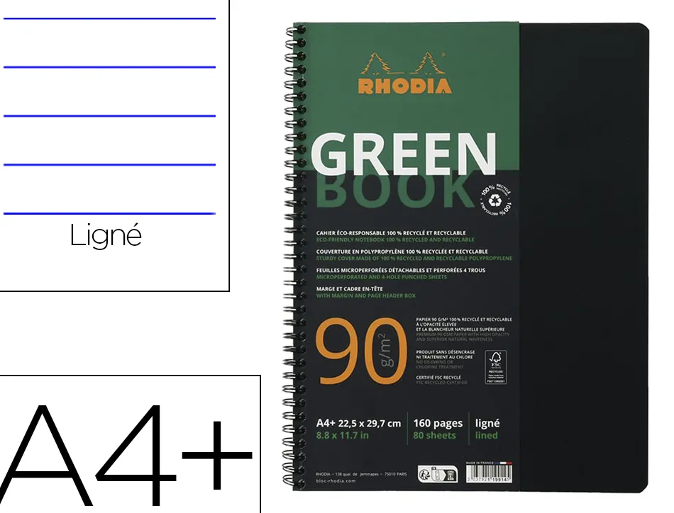 Cahier rhodiactive greenbook ri ligne couverture pp a4+ 23,5x29,8cm 90g 160 pages microperforees perf. 6 trous noir