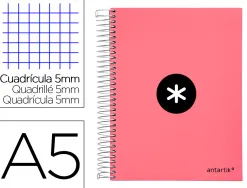 Cahier spirale antartik a5 240p 90g remborde quadrillage 5mm microperfore 5 bandes 6 trous coloris corail