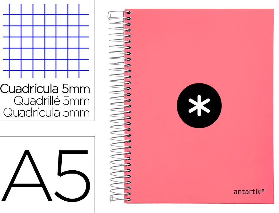 Cahier spirale antartik a5 240p 90g remborde quadrillage 5mm microperfore 5 bandes 6 trous coloris corail