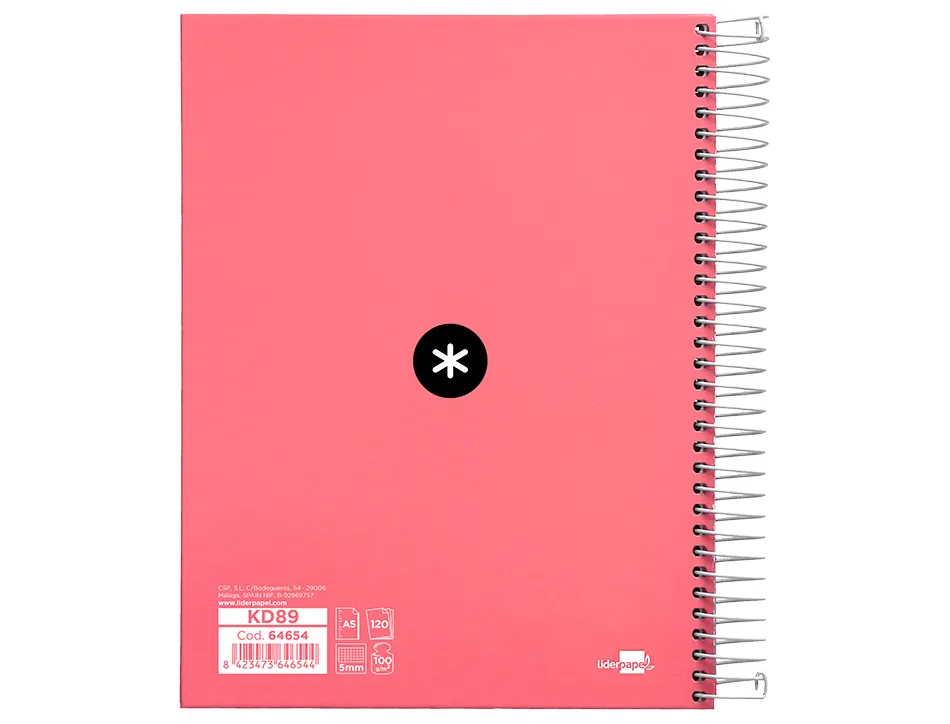 Cahier spirale antartik a5 240p 90g remborde quadrillage 5mm microperfore 5 bandes 6 trous coloris corail