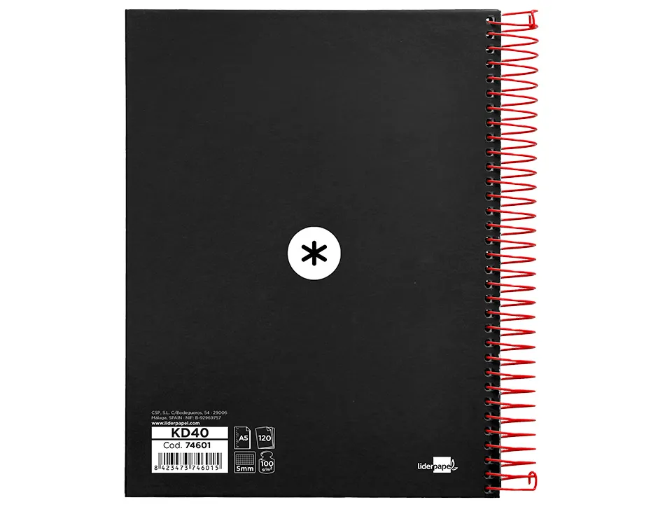 Cahier spirale antartik a5 240p 90g couverture rembordee quadrillage 5mm 6 trous coil-lock coloris noir