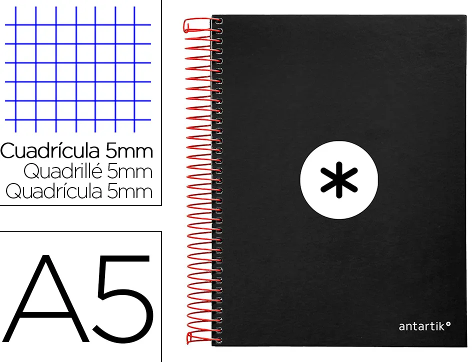 Cahier spirale antartik a5 240p 90g couverture rembordee quadrillage 5mm 6 trous coil-lock coloris noir