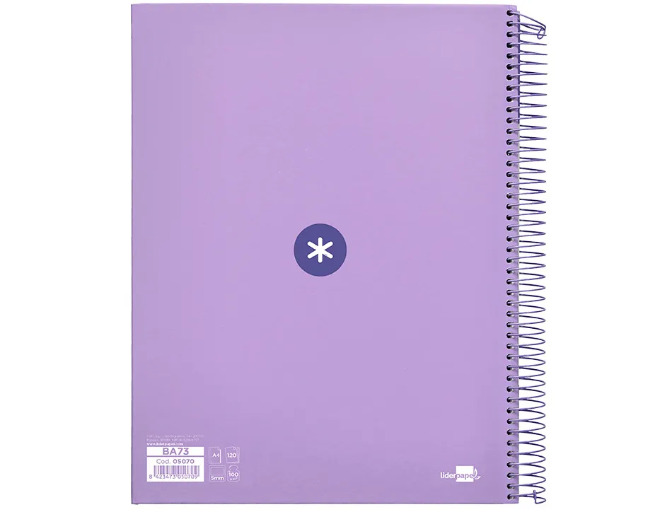 Cahier spirale antartik a4 240p 90g remborde quadrillage 5mm microperfore 5 bandes 4 trous coloris lavande