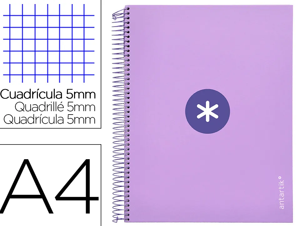 Cahier spirale antartik a4 240p 90g remborde quadrillage 5mm microperfore 5 bandes 4 trous coloris lavande