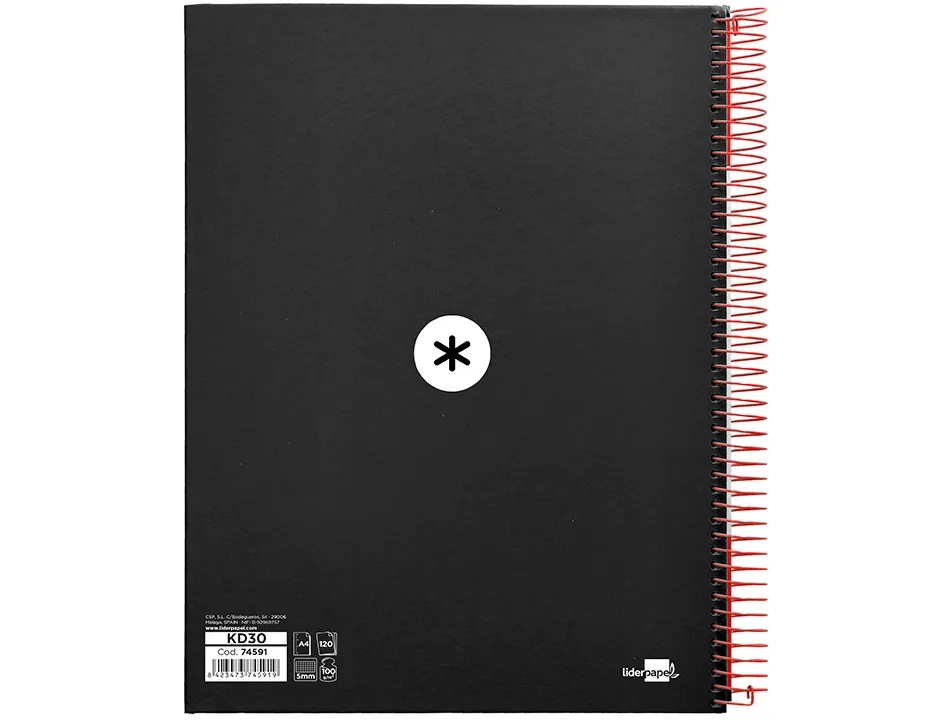 Cahier spirale antartik a4 240p 90g couverture rembordee quadrillage 5mm 4 trous coil-lock coloris noir