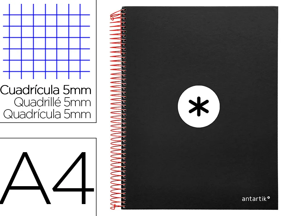 Cahier spirale antartik a4 240p 90g couverture rembordee quadrillage 5mm 4 trous coil-lock coloris noir