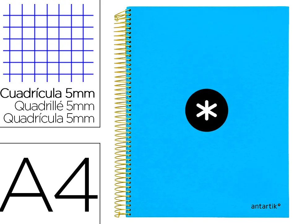 Cahier spirale antartik a4 240p 90g couverture rembordee quadrillage 5mm 4 trous coil-lock coloris bleu