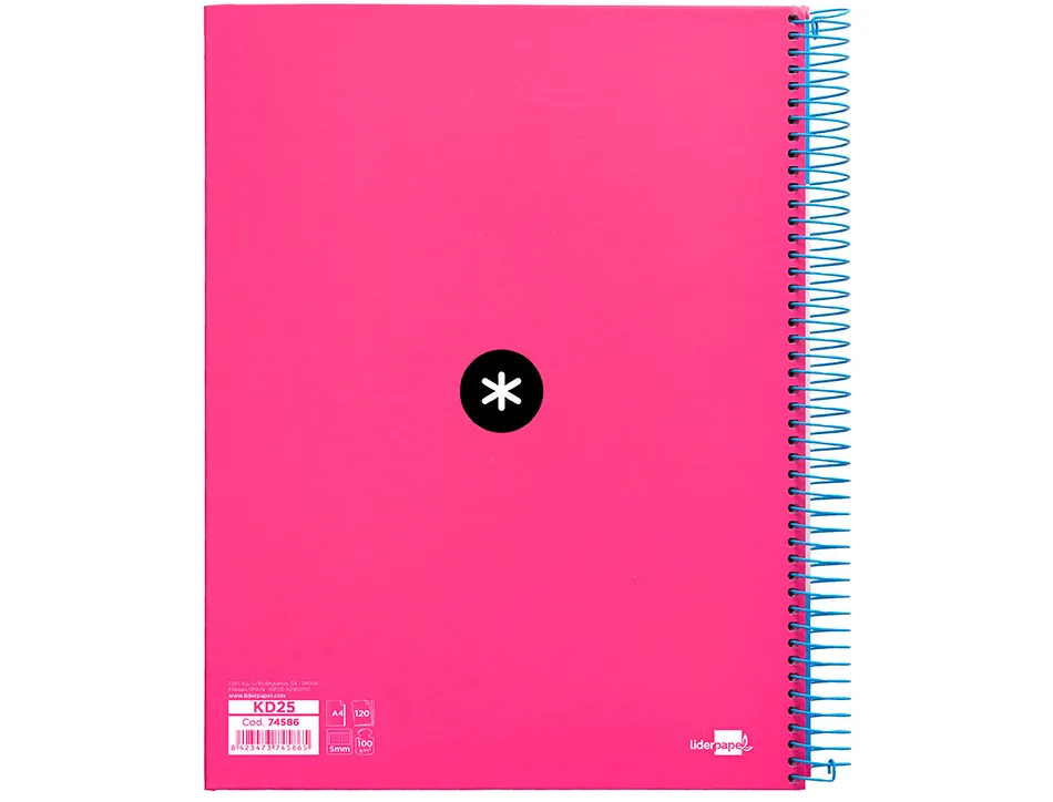 Cahier spirale antartik a4 240p 90g couverture rembordee quadrillage 5mm 4 trous coil-lock coloris rose fluo