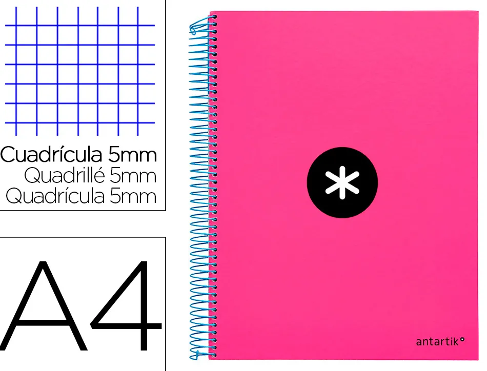 Cahier spirale antartik a4 240p 90g couverture rembordee quadrillage 5mm 4 trous coil-lock coloris rose fluo