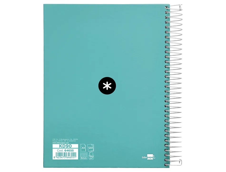 Cahier spirale antartik a5 240p 90g remborde quadrillage 5mm microperfore 5 bandes 6 trous coloris menthe