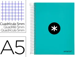 Cahier spirale antartik a5 240p 90g remborde quadrillage 5mm microperfore 5 bandes 6 trous coloris menthe