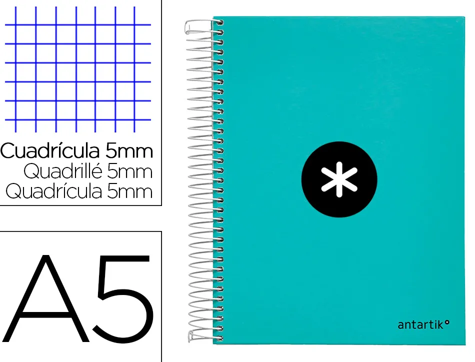 Cahier spirale antartik a5 240p 90g remborde quadrillage 5mm microperfore 5 bandes 6 trous coloris menthe