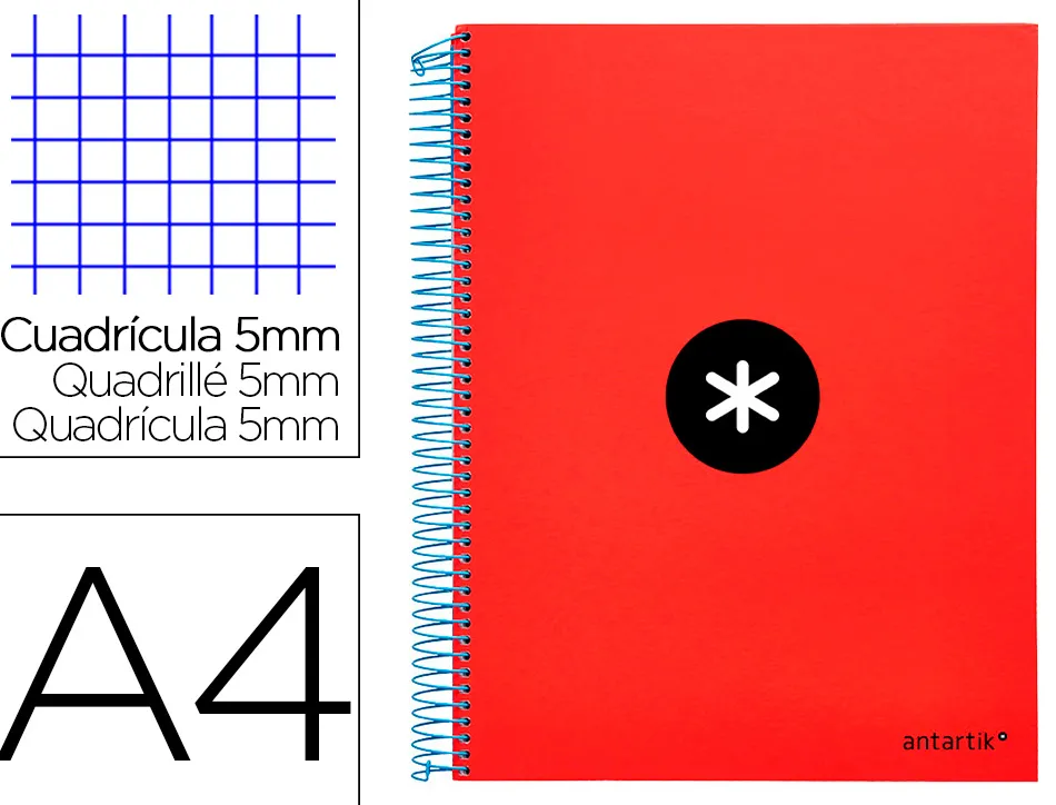 Cahier spirale antartik a4 240p 90g couverture rembordee quadrillage 5mm 4 trous coil-lock coloris rouge
