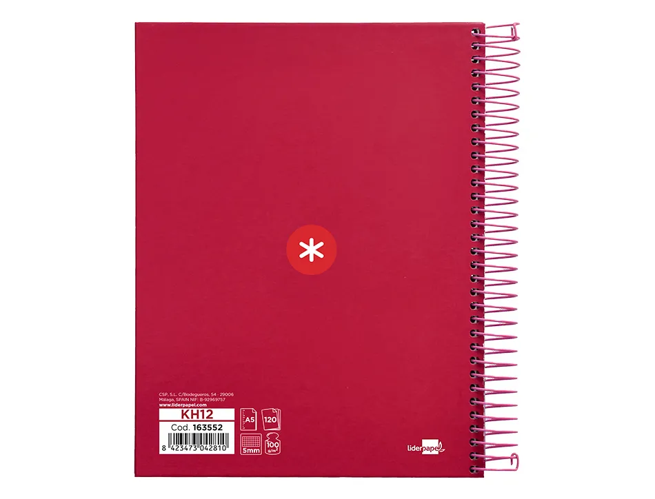 Cahier spirale antartik a5 14,8x21cm 240p 90g/m2 5x5mm 6 trous coil-lock coloris framboise